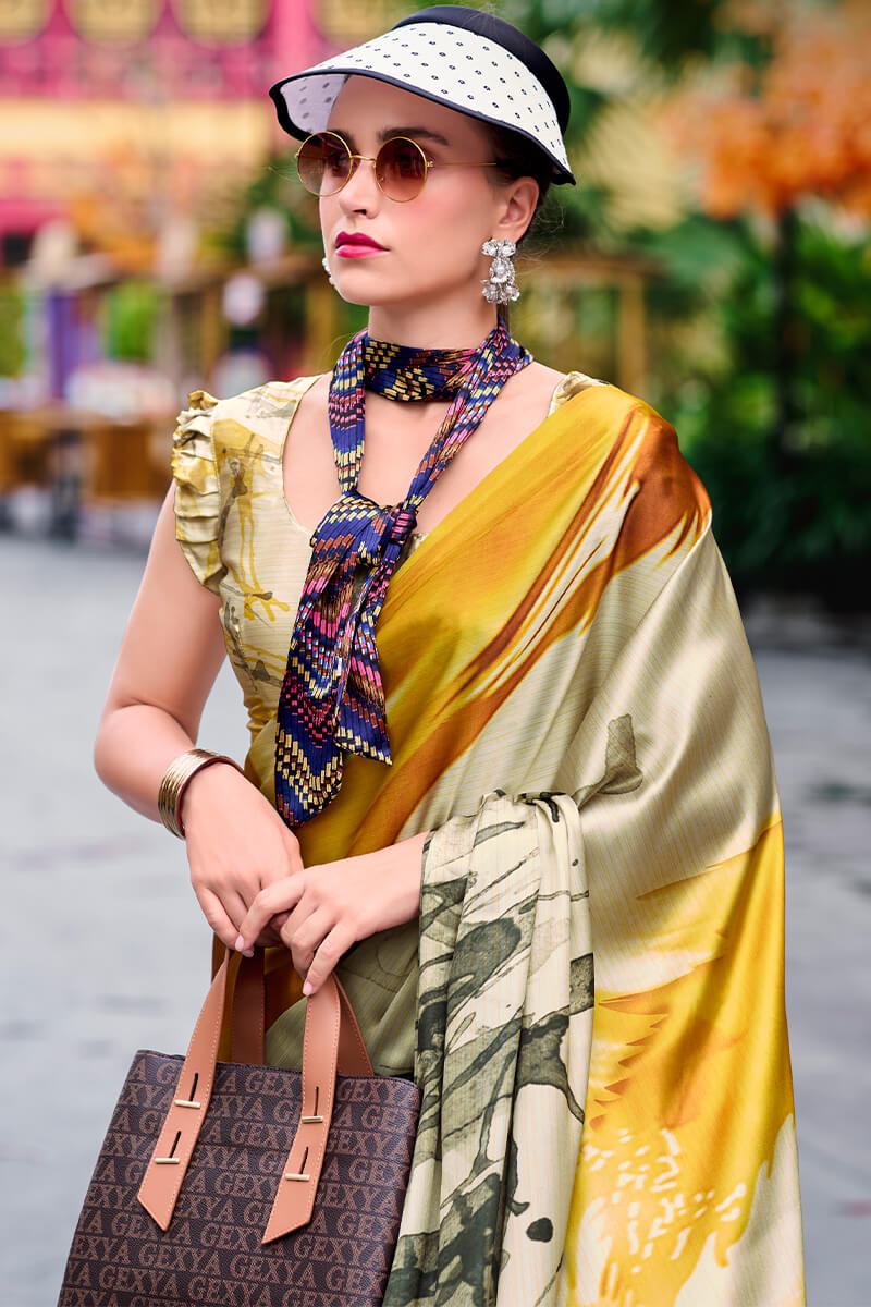 Olive Beige Printed Satin Crepe Silk Saree