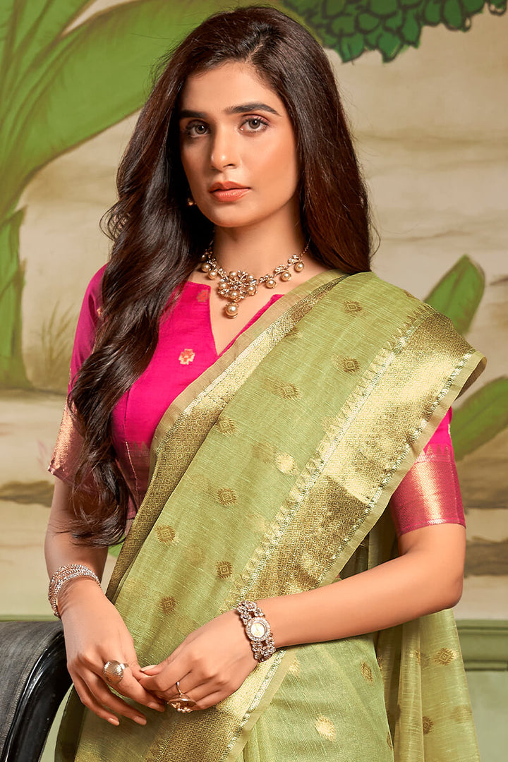 Olive Green Banarasi Tissue Silk Saree