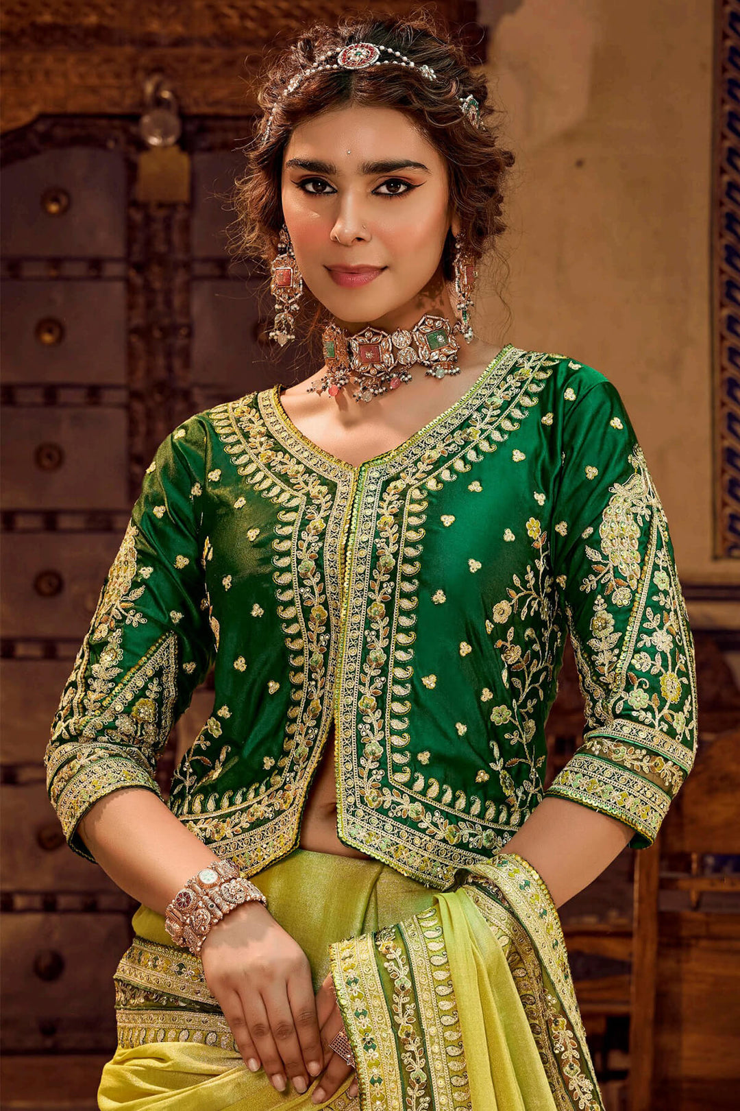 Olive Green Embroidery Work Viscose Saree with Jacket Blouse