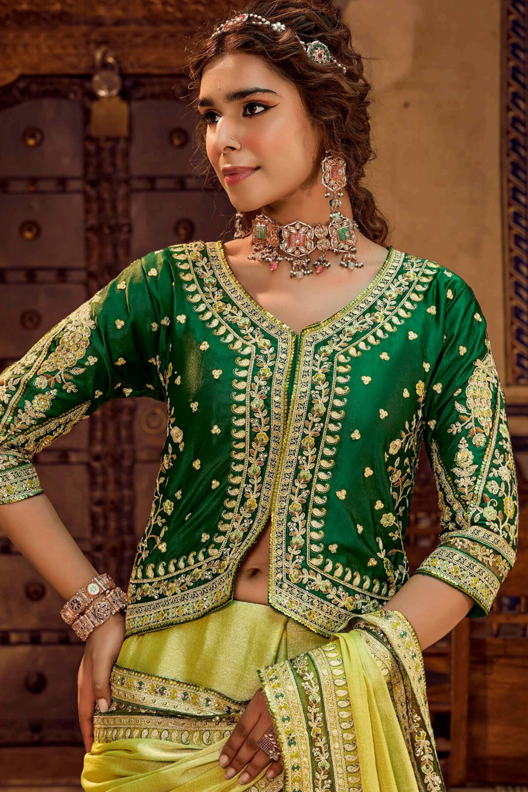 Olive Green Embroidery Work Viscose Saree with Jacket Blouse