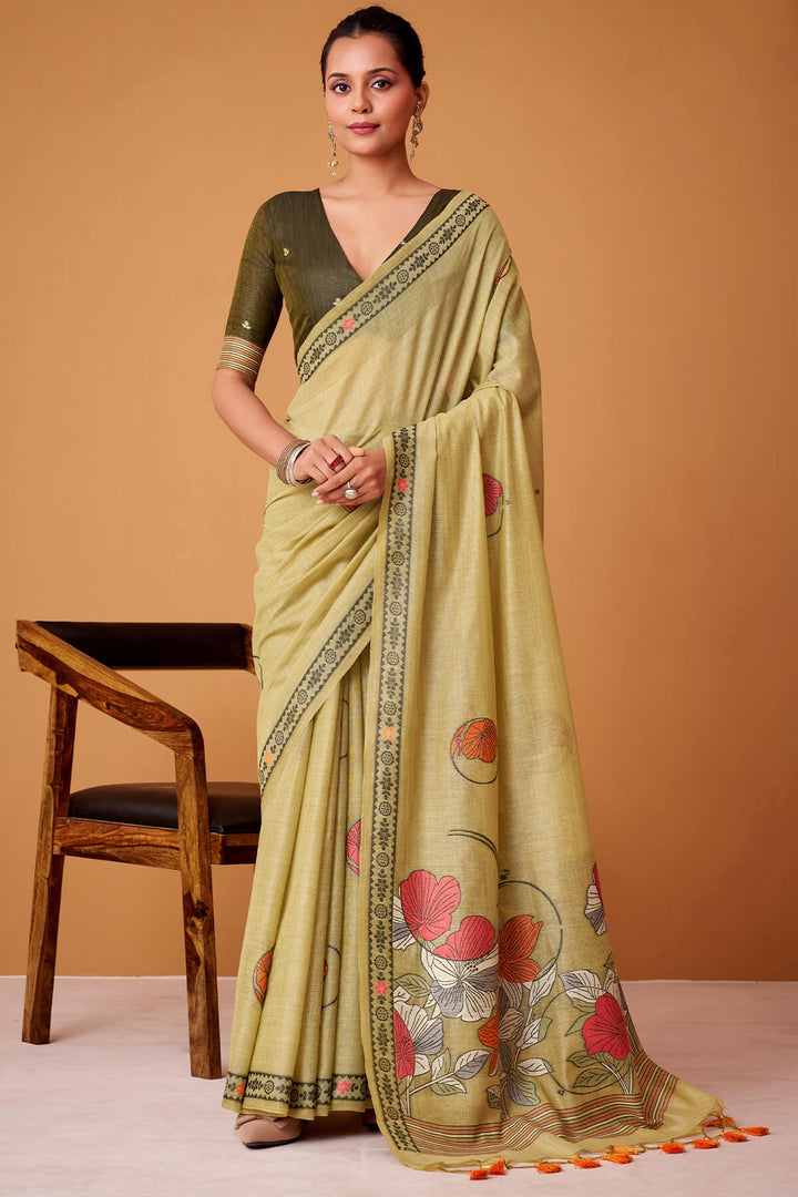 Olive Green Jamdani Cotton Silk Saree