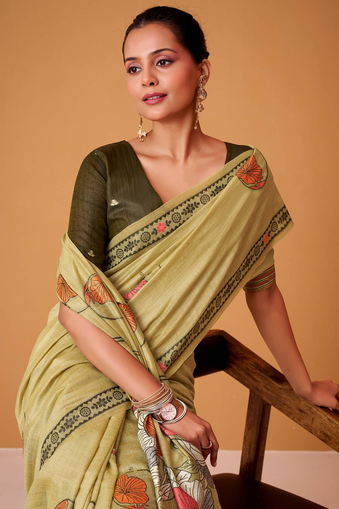 Olive Green Jamdani Cotton Silk Saree
