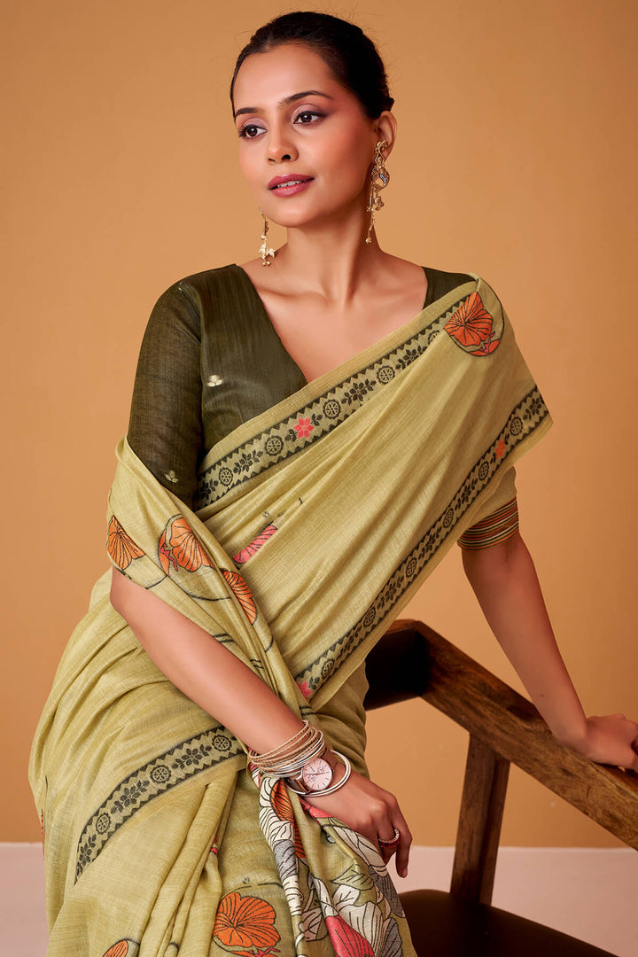 Olive Green Jamdani Cotton Silk Saree