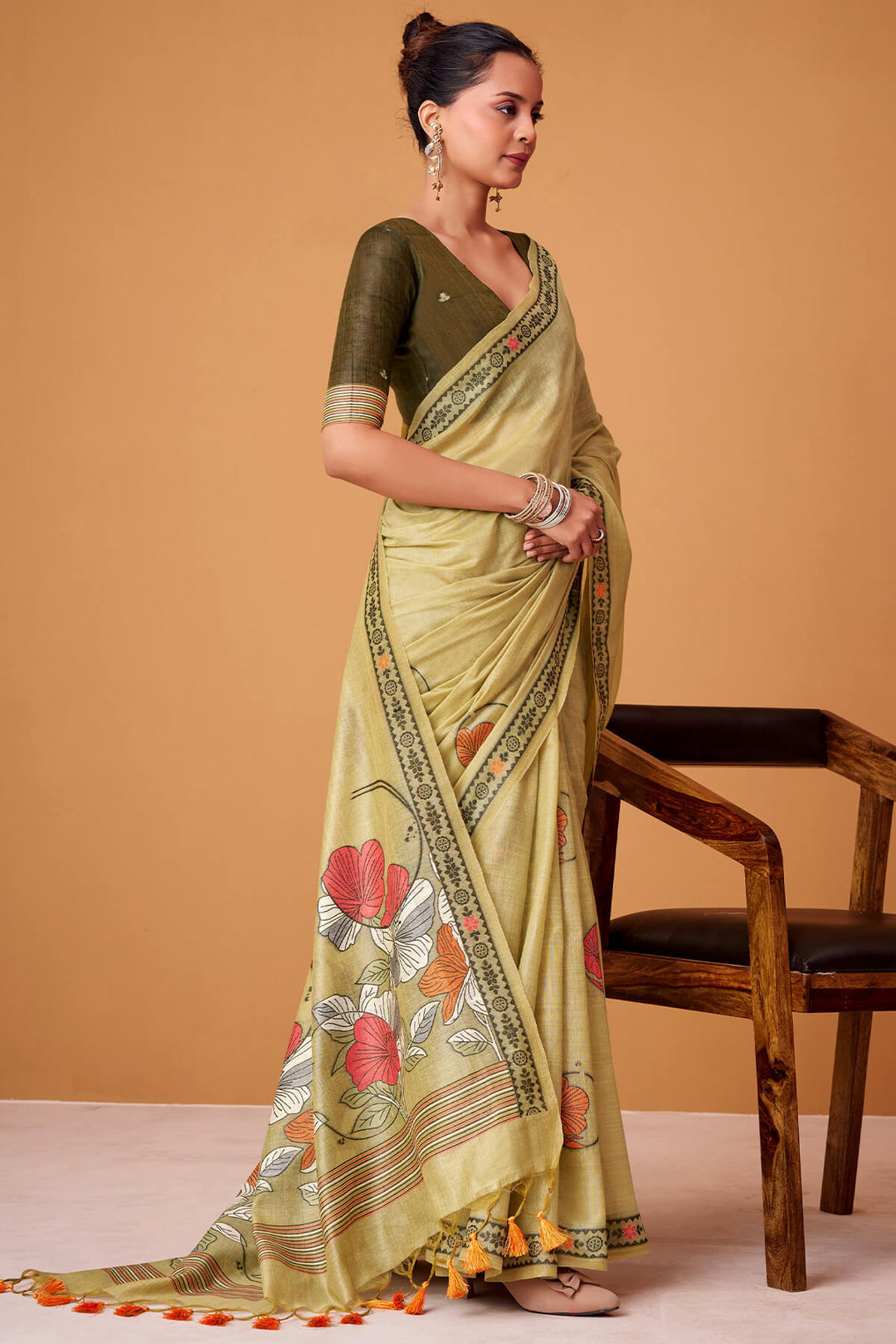 Olive Green Jamdani Cotton Silk Saree