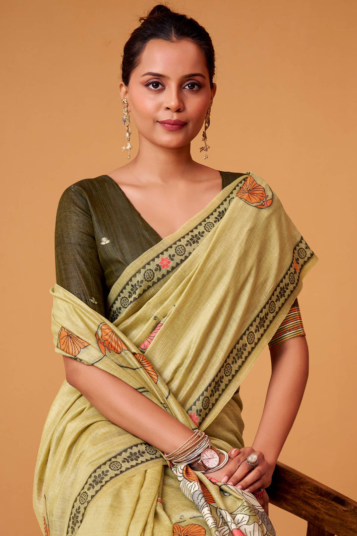 Olive Green Jamdani Cotton Silk Saree