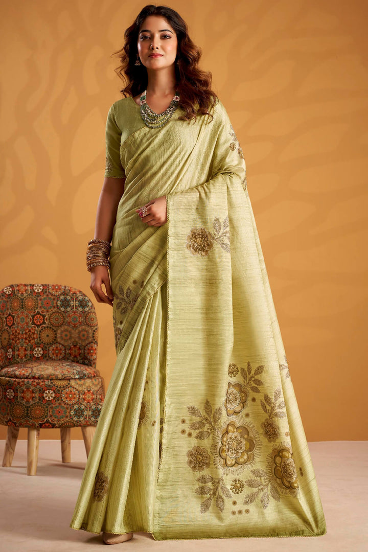 Olive Green Kasheeda work Tussar Silk Saree