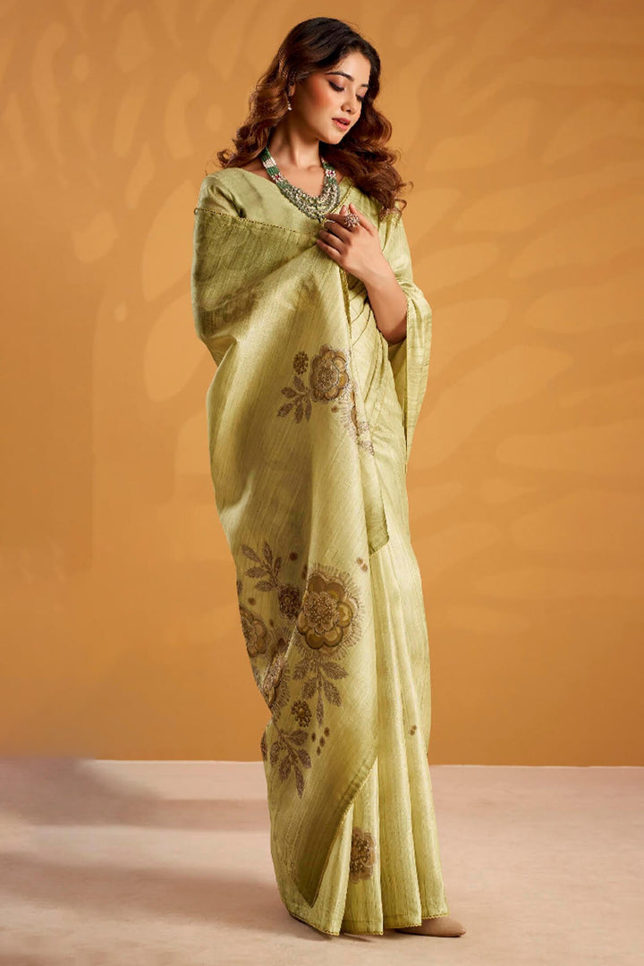 Olive Green Kasheeda work Tussar Silk Saree