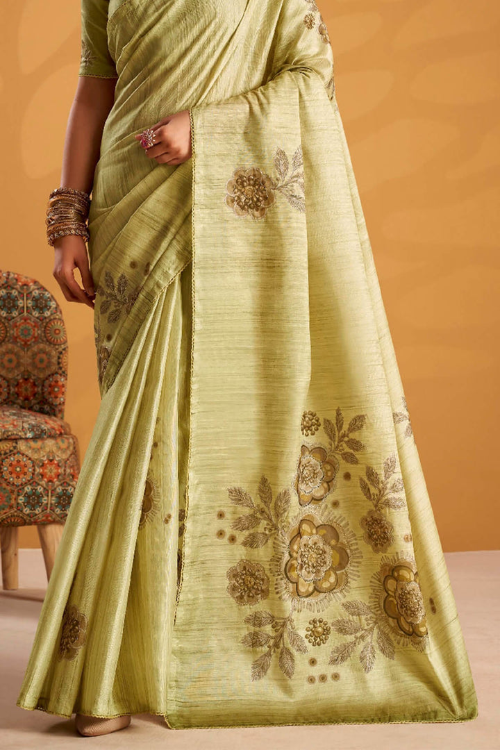 Olive Green Kasheeda work Tussar Silk Saree