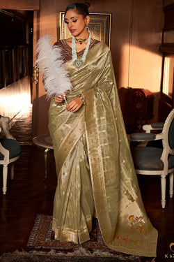 Olive Green Paithani Tissue Silk Saree With Embroidery Blouse