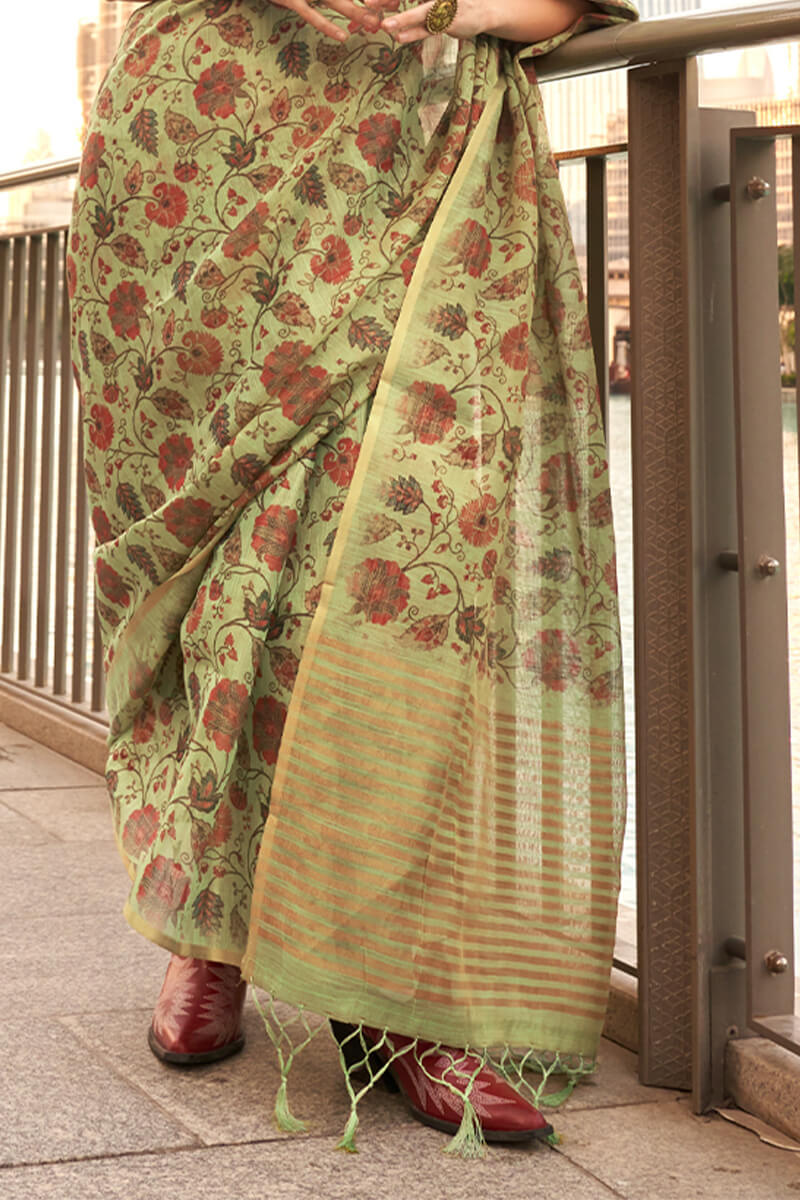 Olive Green Printed Tissue Silk Saree