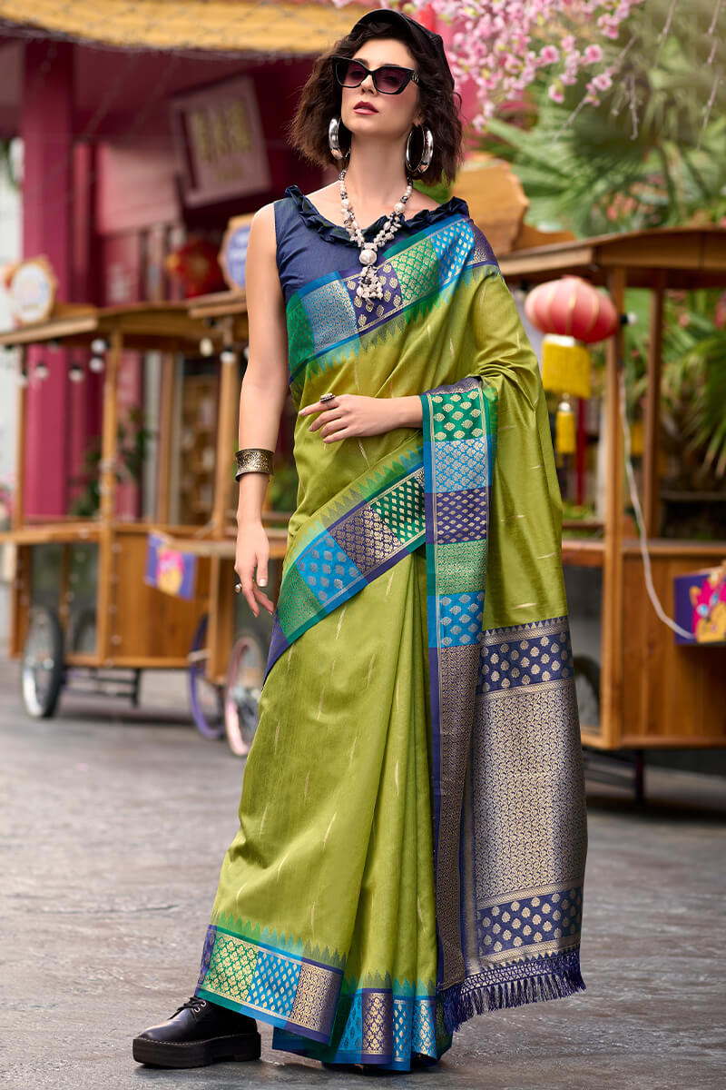 Olive Green Woven Soft Banarasi Silk Saree