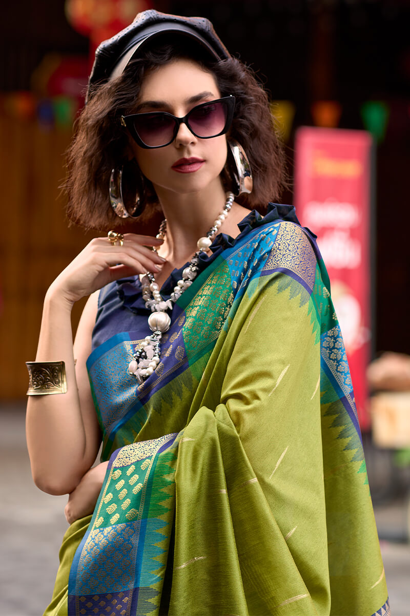 Olive Green Woven Soft Banarasi Silk Saree