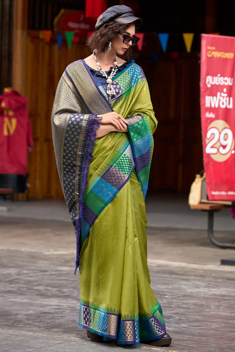 Olive Green Woven Soft Banarasi Silk Saree