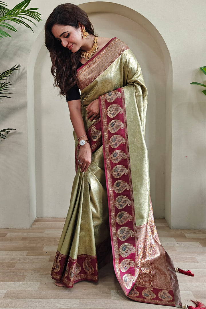 Olive Green Zari Woven Kanjivaram Silk Saree