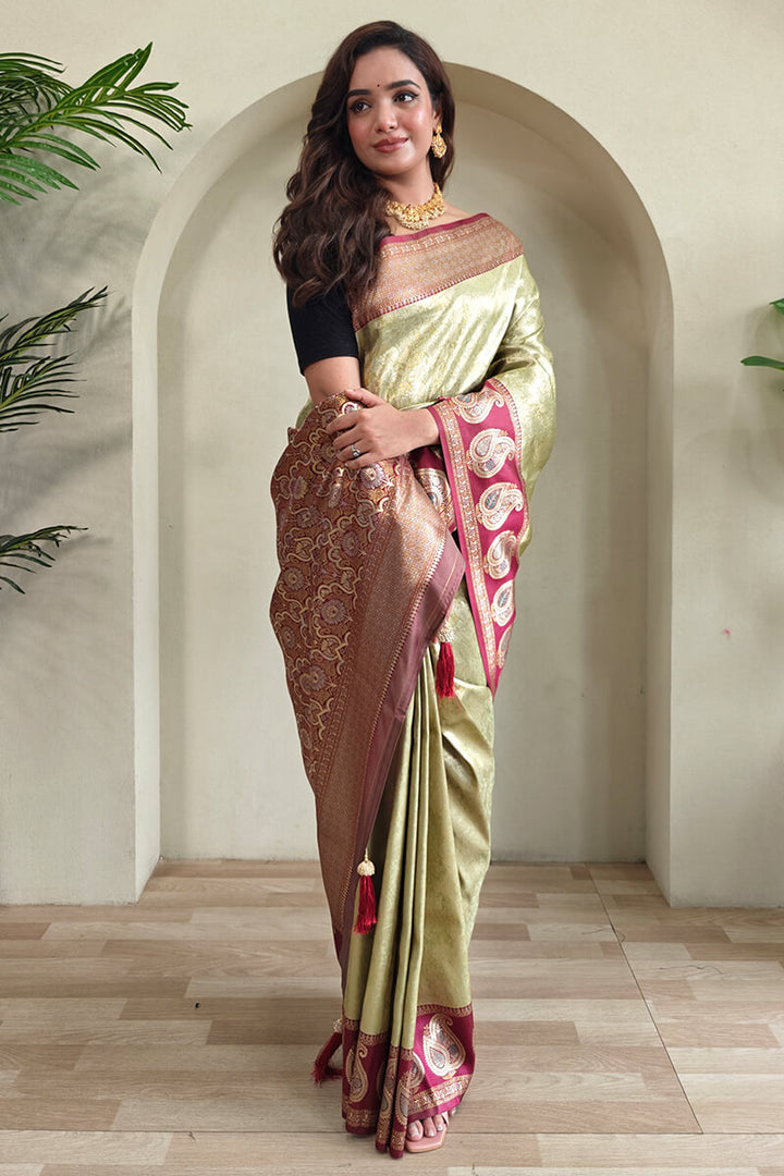 Olive Green Zari Woven Kanjivaram Silk Saree