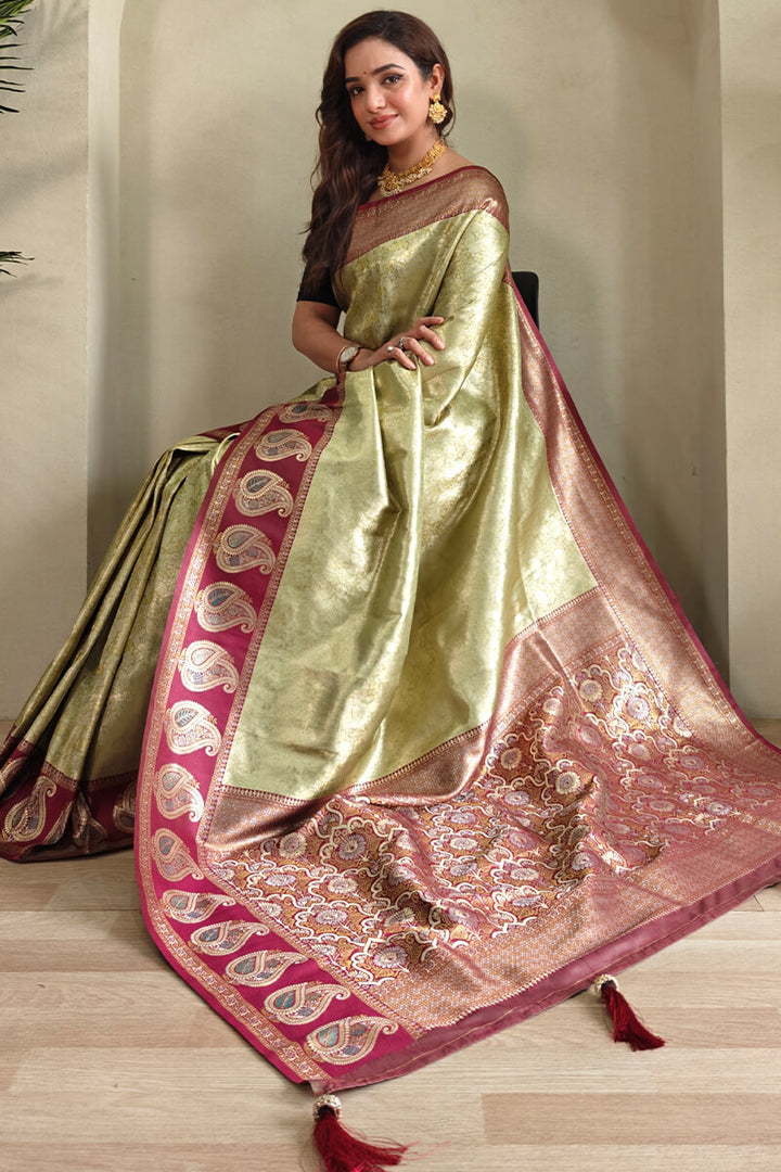 Olive Green Zari Woven Kanjivaram Silk Saree