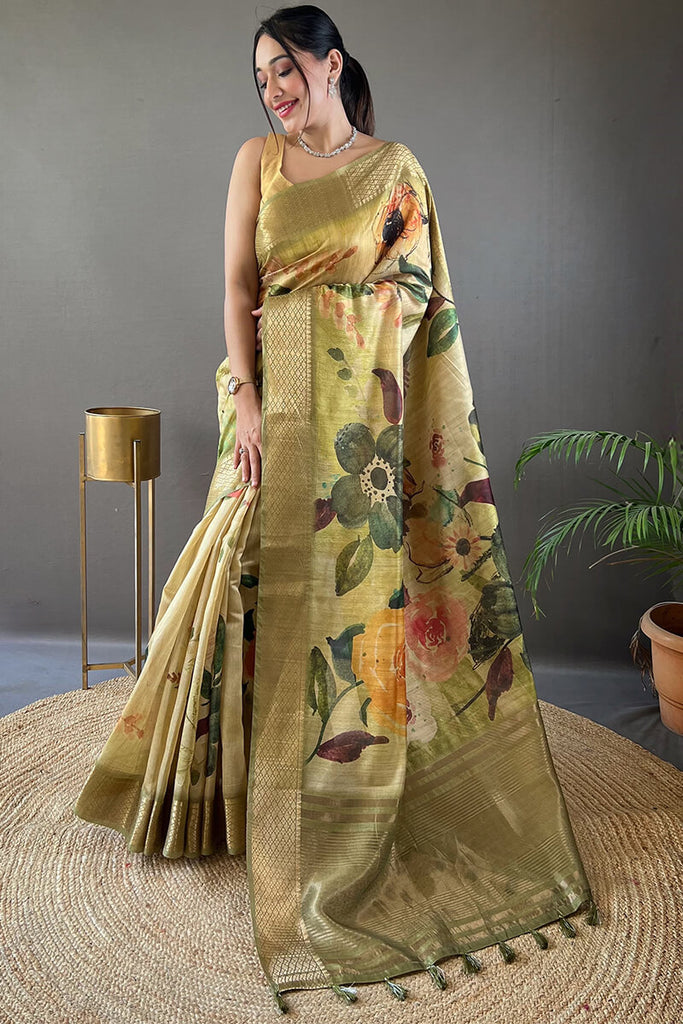 Olive Green Zari Woven Printed Tussar Silk Saree