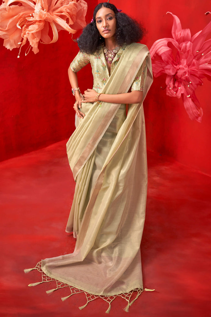 Olive Green Zari Woven Pure Tissue Silk Saree