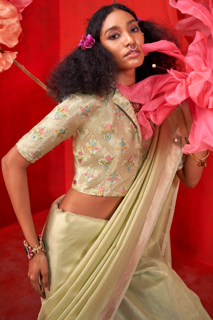 Olive Green Zari Woven Pure Tissue Silk Saree