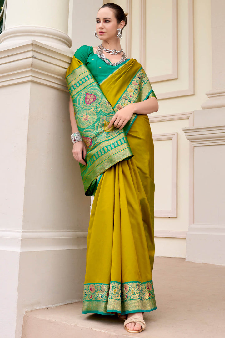 Olive Yellow Soft Banarasi Silk Saree