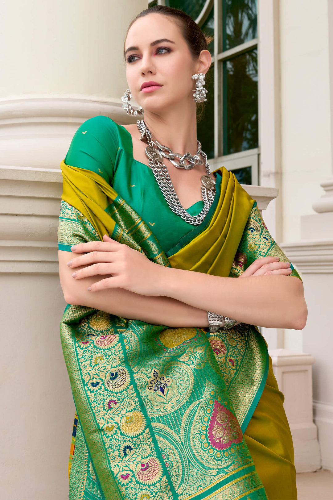 Olive Yellow Soft Banarasi Silk Saree