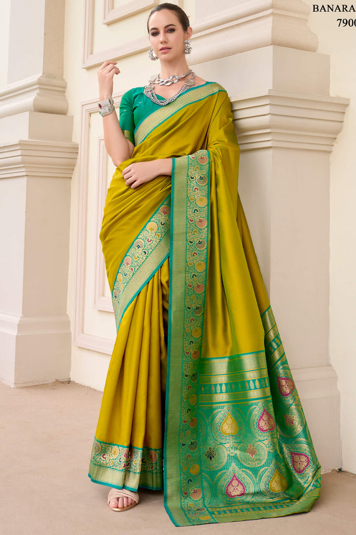 Olive Yellow Soft Banarasi Silk Saree
