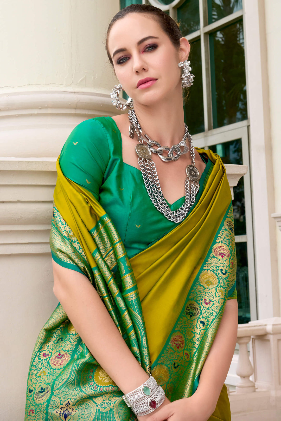 Olive Yellow Soft Banarasi Silk Saree