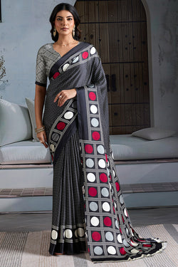 Onyx Black Ajrakh Printed Satin Crepe Silk Saree