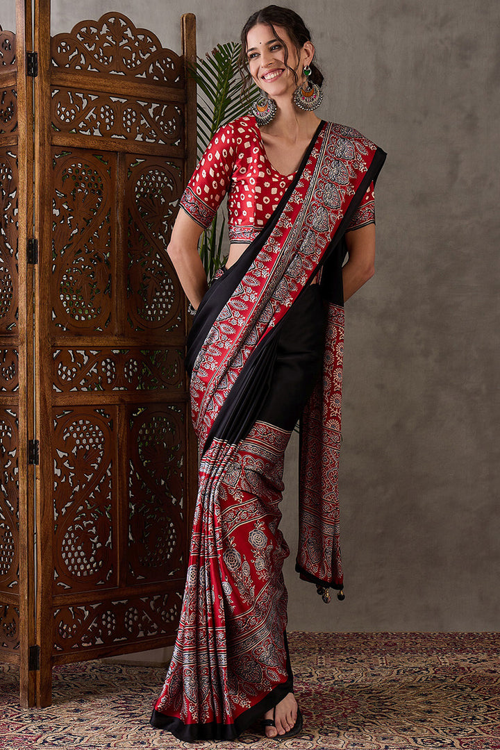 Onyx Black Ajrakh Printed Satin Silk Saree