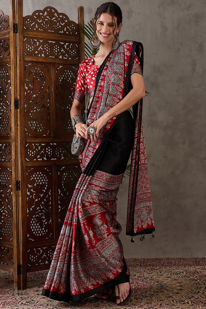 Onyx Black Ajrakh Printed Satin Silk Saree