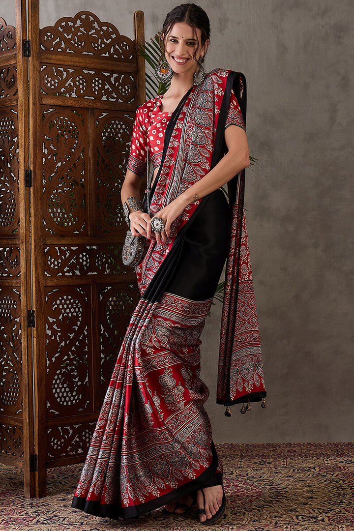 Onyx Black Ajrakh Printed Satin Silk Saree