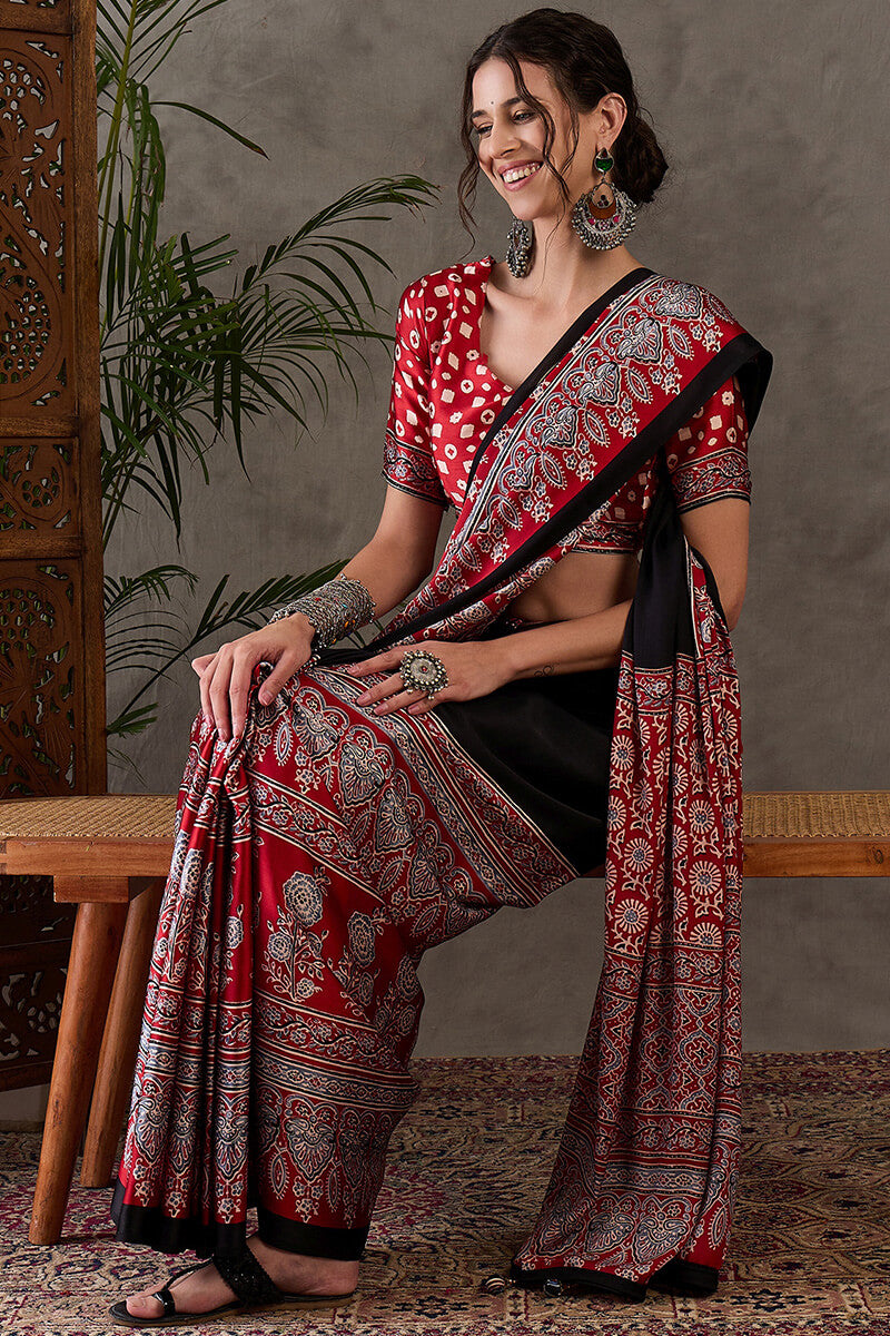 Onyx Black Ajrakh Printed Satin Silk Saree