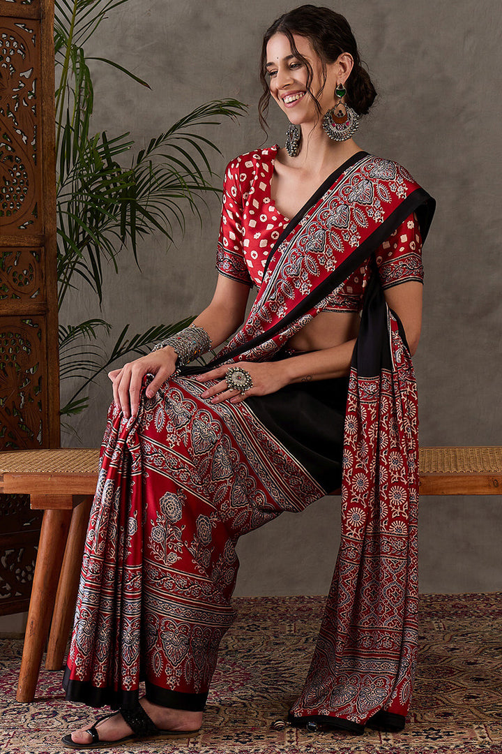 Onyx Black Ajrakh Printed Satin Silk Saree