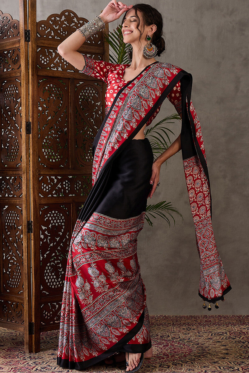Onyx Black Ajrakh Printed Satin Silk Saree