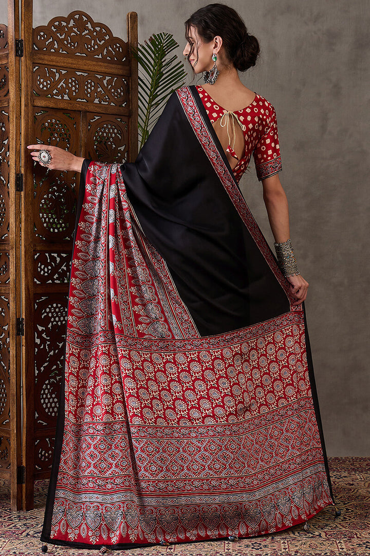 Onyx Black Ajrakh Printed Satin Silk Saree