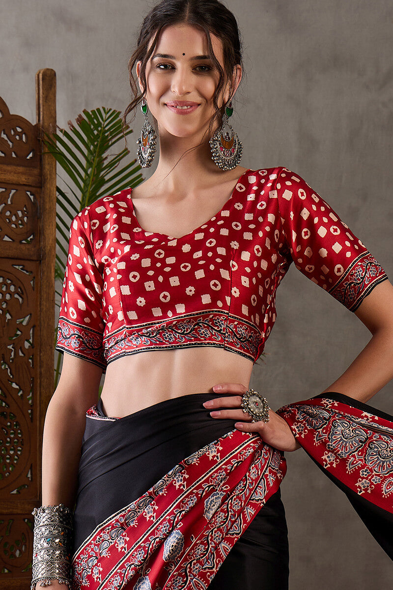 Onyx Black Ajrakh Printed Satin Silk Saree