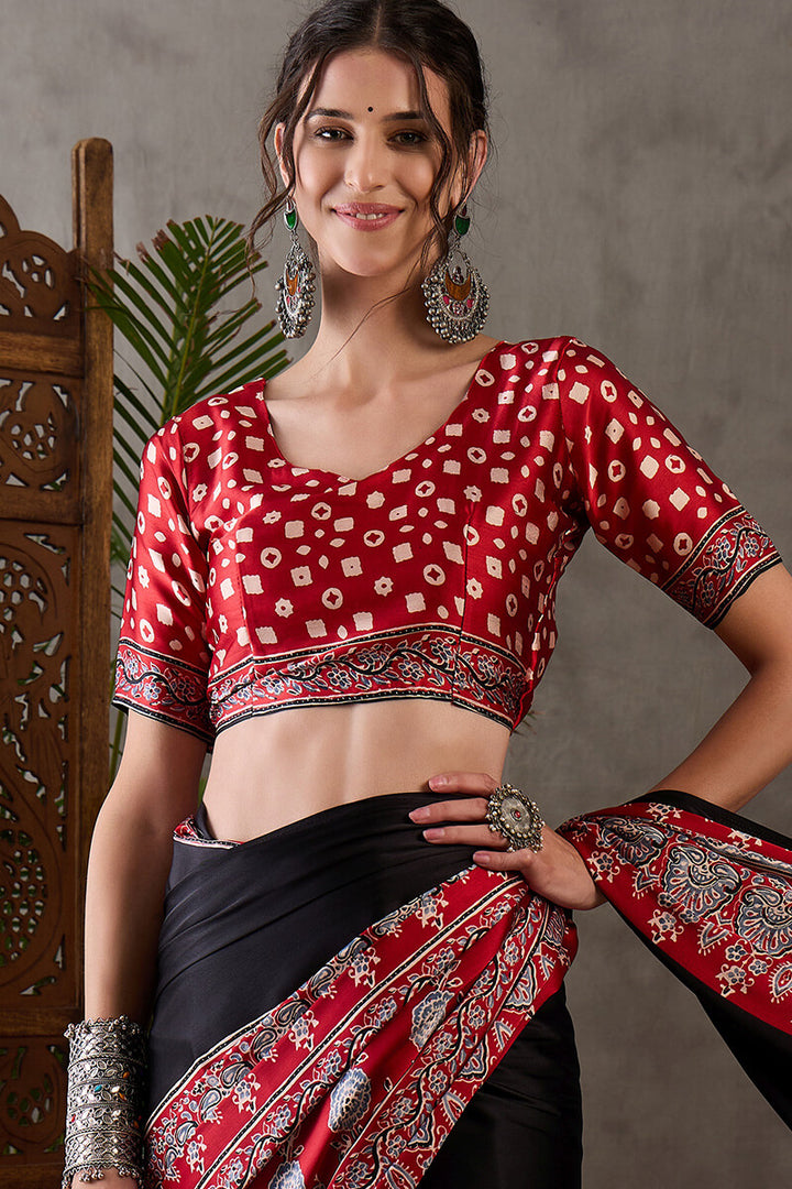 Onyx Black Ajrakh Printed Satin Silk Saree