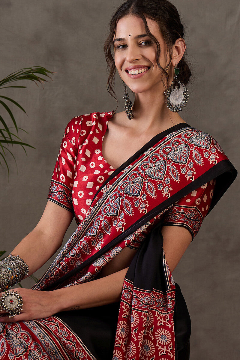 Onyx Black Ajrakh Printed Satin Silk Saree