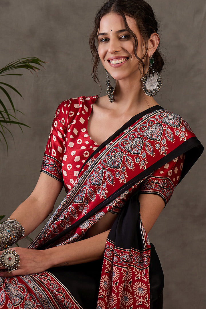 Onyx Black Ajrakh Printed Satin Silk Saree