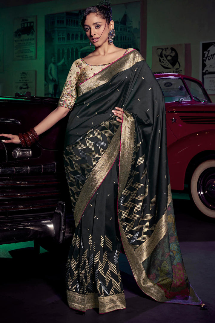 Onyx Black Banarasi Pure Silk Saree with Designer Embroidery Blouse Piece