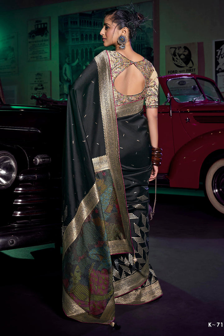 Onyx Black Banarasi Pure Silk Saree with Designer Embroidery Blouse Piece
