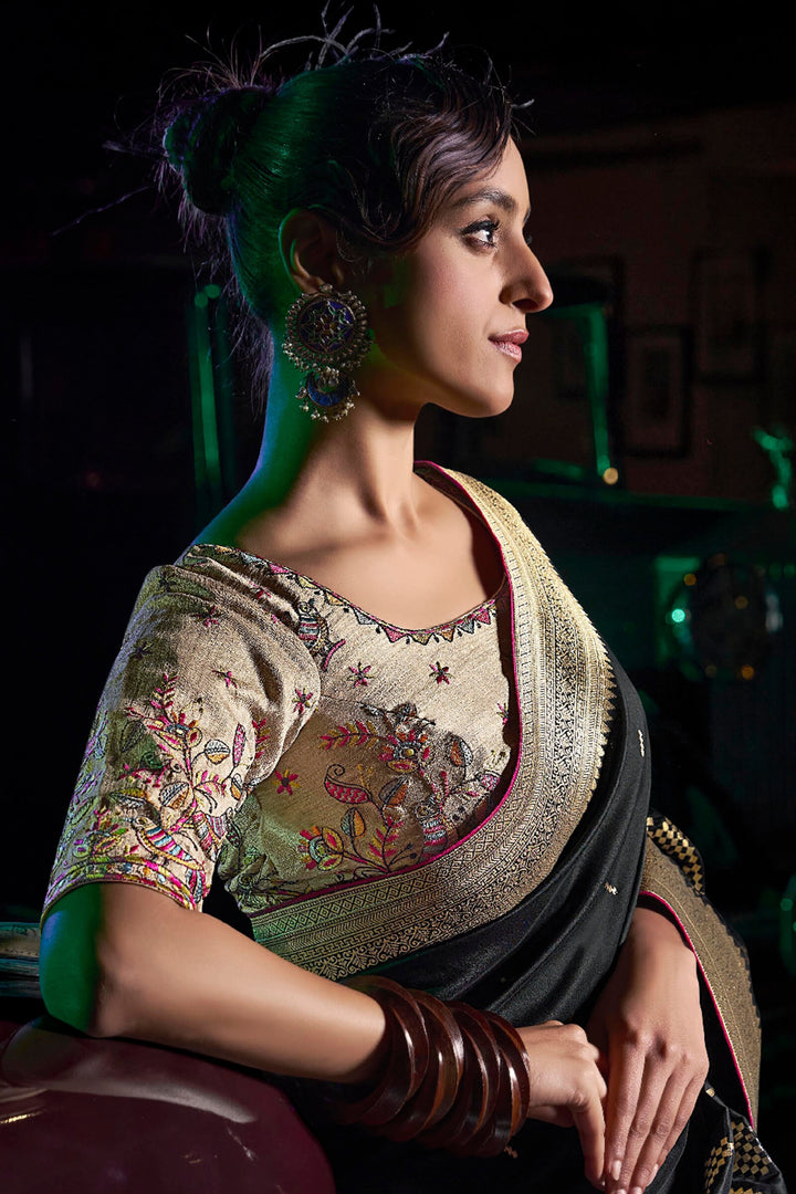 Onyx Black Banarasi Pure Silk Saree with Designer Embroidery Blouse Piece