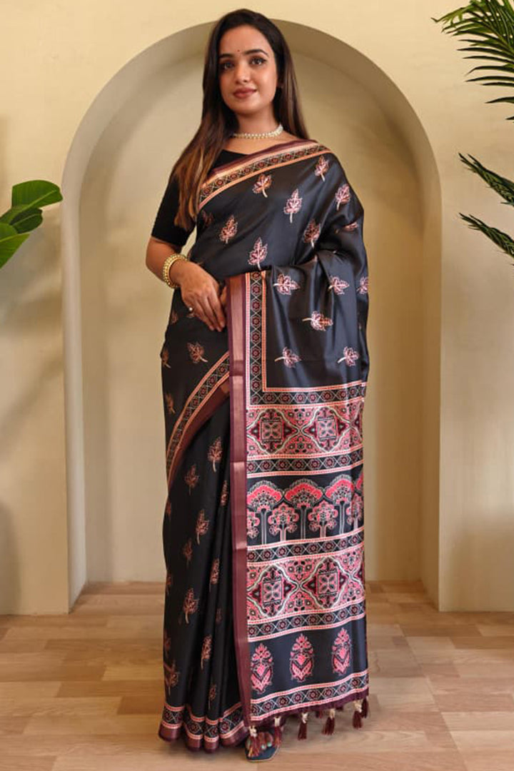 Onyx Black Digital Printed Dola Viscose Saree