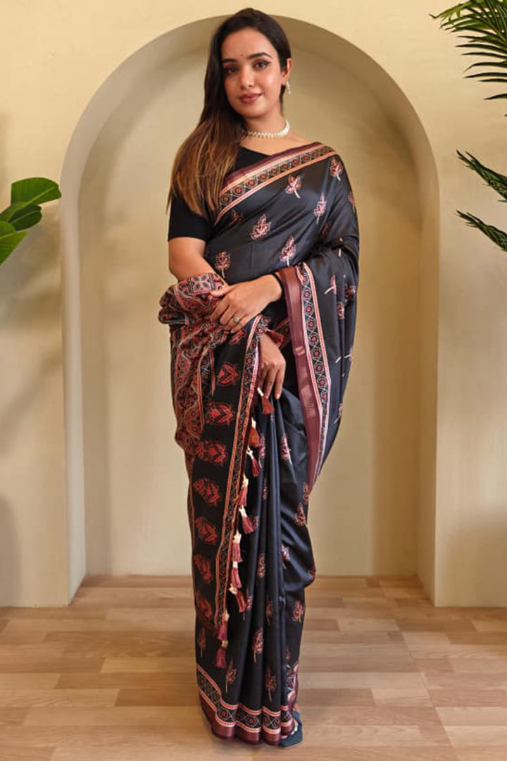 Onyx Black Digital Printed Dola Viscose Saree
