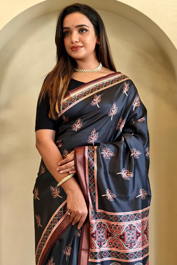 Onyx Black Digital Printed Dola Viscose Saree