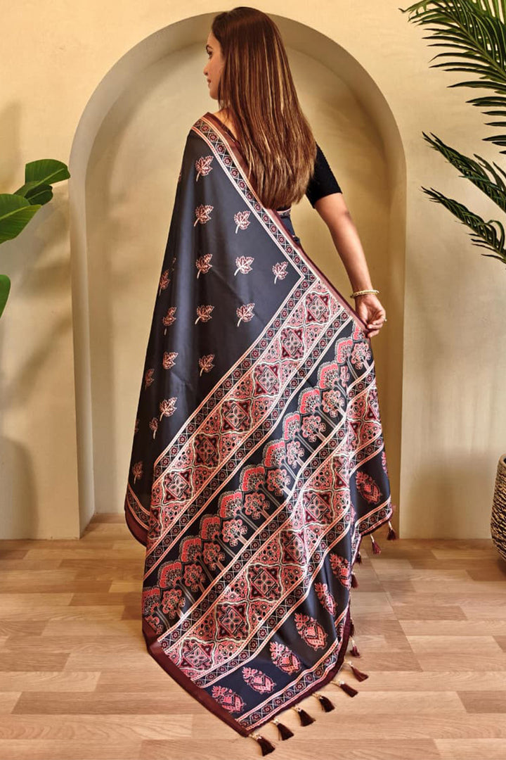 Onyx Black Digital Printed Dola Viscose Saree
