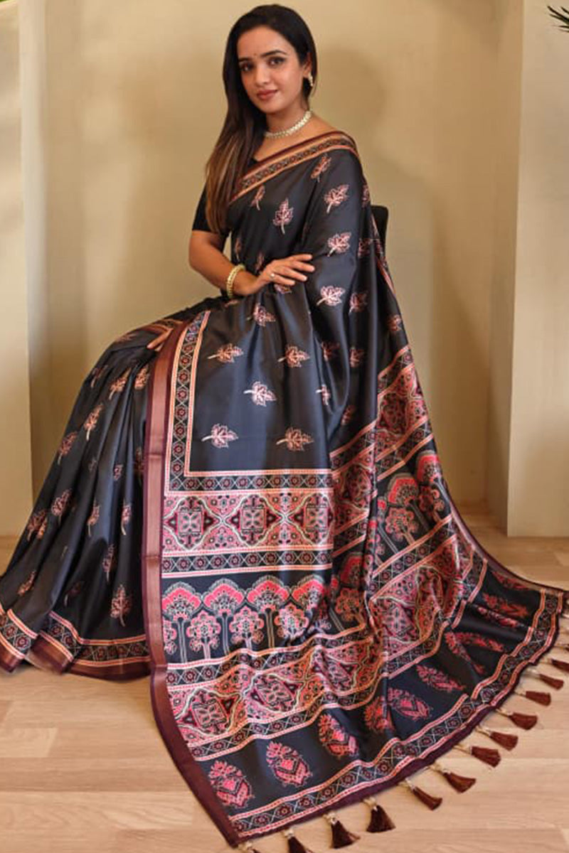 Onyx Black Digital Printed Dola Viscose Saree