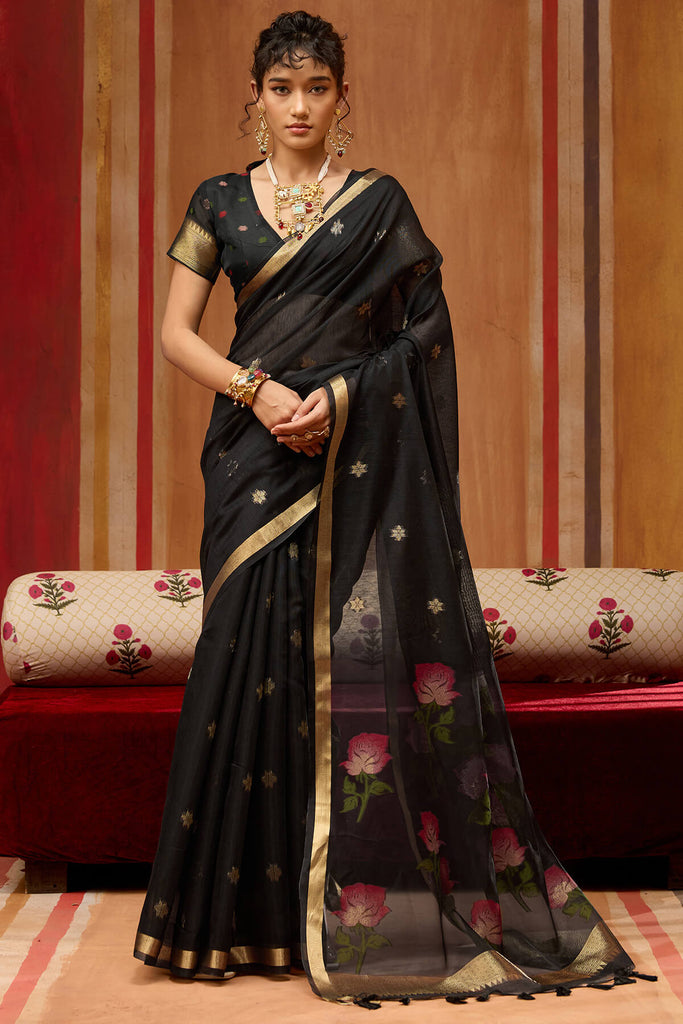 Onyx Black Handloom Munga Cotton Saree