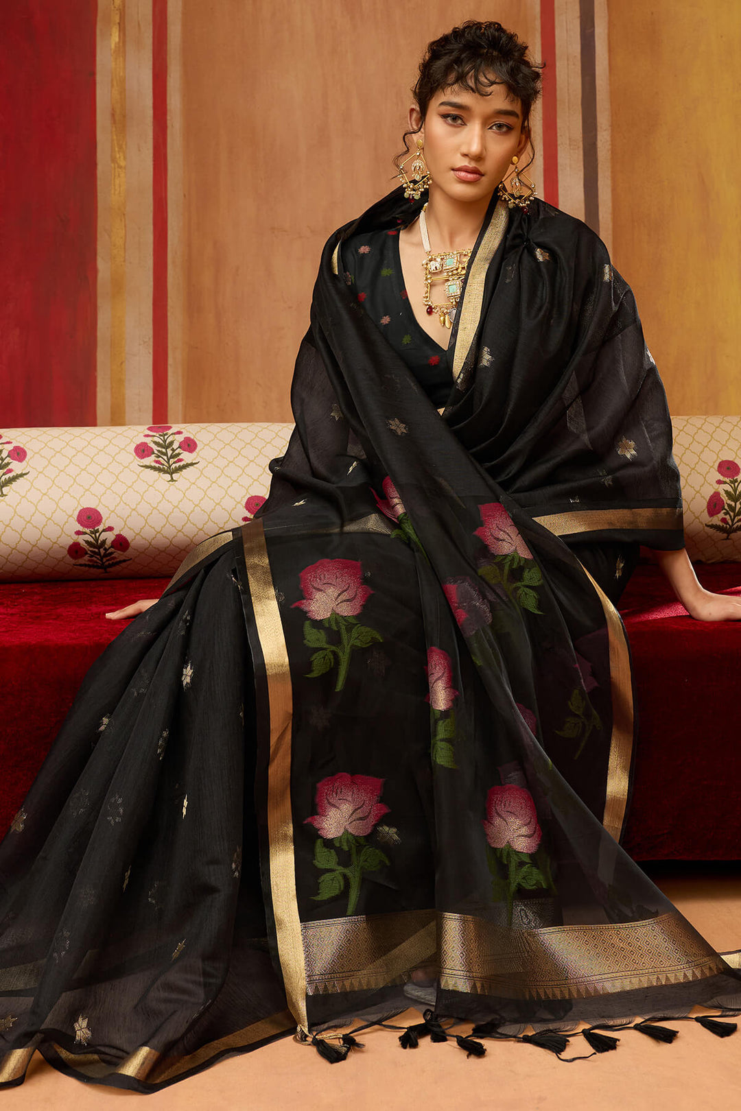 Onyx Black Handloom Munga Cotton Saree