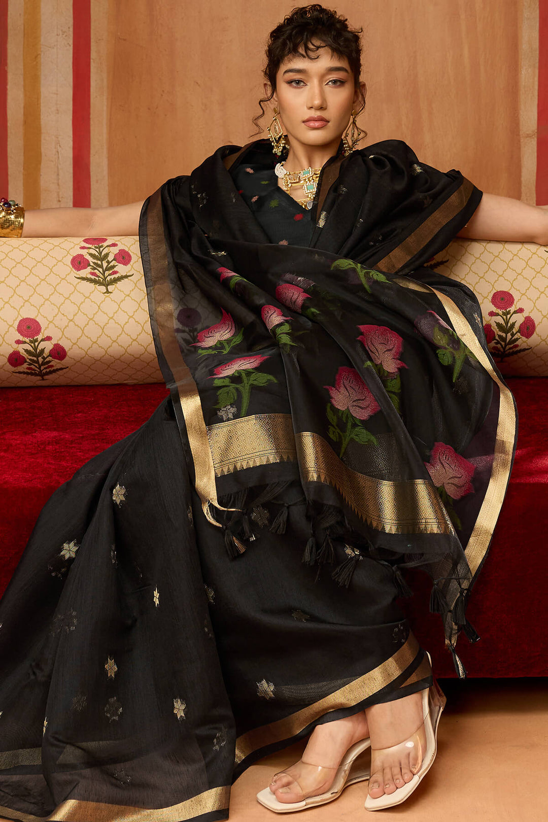 Onyx Black Handloom Munga Cotton Saree